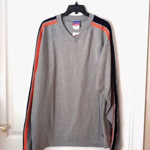 Champion Gray V-Neck Long Sleeve 2 Stripe Athletic Shirt. Size XL. NEW